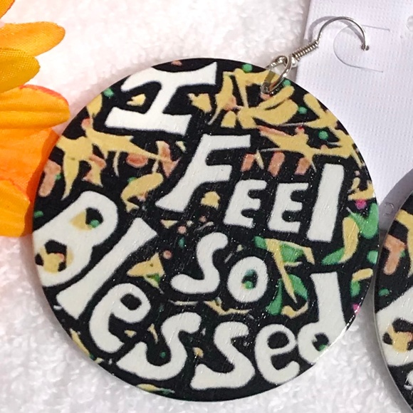 Large Boho Christian Earrings Wood Dangle Blessed - Picture 2 of 4